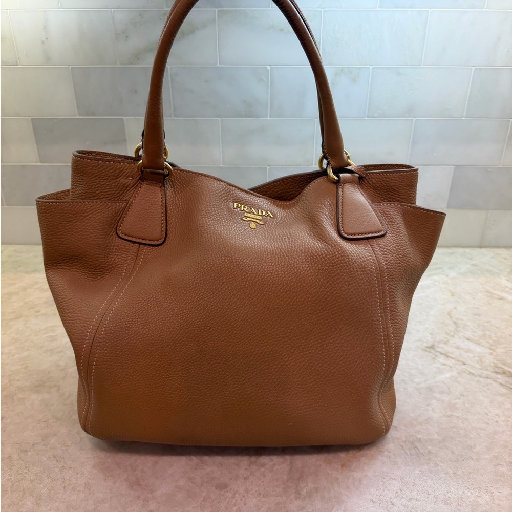 Prada Cognac Pebbled Leather Tote with Gold Logo
